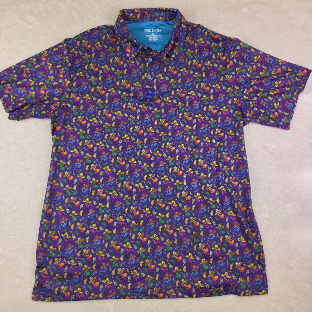Pins & Aces Mens XXL Purple Novelty Sombrero Worm Tequila Golf Performance Polo